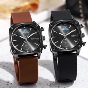 Men's stylish quartz watch with square dial and silicone strap in brown and black options