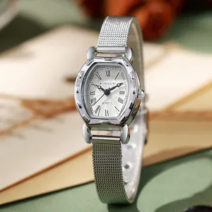 Elegant women's tonneau quartz watch with silver mesh band and Roman numeral dial