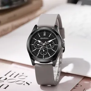 Detailed view of BARSH men's quartz watch with grey silicone strap and black multi-function dial