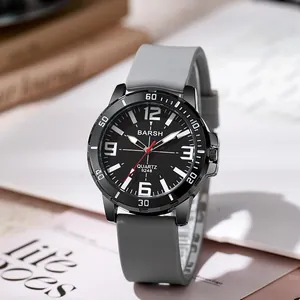 Detail of BARSH sports watch featuring large digital dial and gray silicone strap