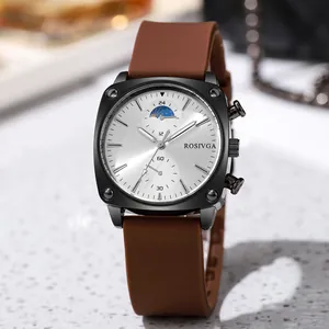 Detail view of ROSIVGA men's square watch with silver sunray dial and brown silicone strap