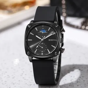 Detail view of the black square men's quartz watch with sub-dials and silicone strap