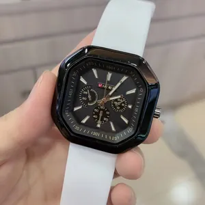 Fashionable square black watch with white silicone strap and three-eye dial display