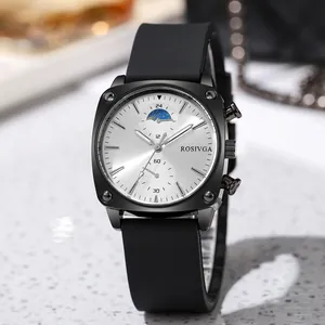 ROSIVGA Men Fashion Quartz Watch Square Alloy Case Silicone Strap Moon Phase Sub Dials Casual Sporty Business Wristwatch