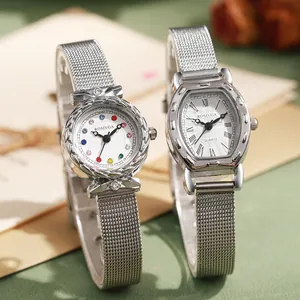 ROSIVGA Fashion Women Quartz Watch Elegant Alloy Mesh Band Rhinestone Accents Roman Numerals Barrel Round Dial Retro Wristwatch Jewelry