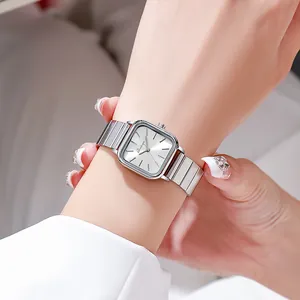 Square silver women's quartz watch with stainless steel band and sunray dial design