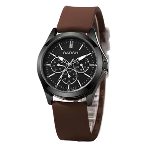 Men's fashion sports watch with brown silicone strap and black multi-function dial