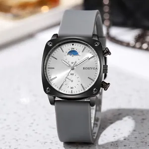 Detail view of square matte black men's watch with silver sunray dial and moon phase display