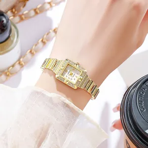 Elegant gold square quartz watch for women with rhinestones and polished metal strap