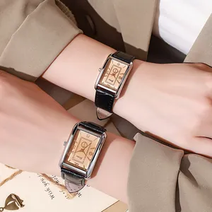 Reloj de cuarzo cuadrado de moda con correa de cuero negro y esfera dorada vintage elegante