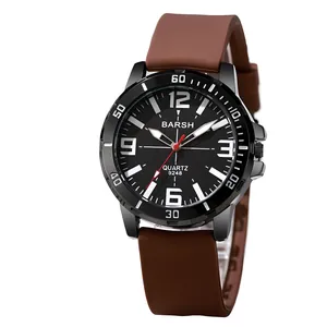 Barsh men's quartz sport watch with black dial and brown silicone strap on white background