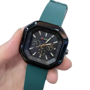 VIKE Men's Square Quartz Watch with Textured Dial and Green Silicone Sport Strap