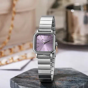 Detail shot of a square women's watch with purple sunray dial and silver steel strap