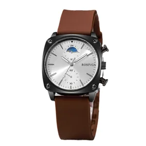 Sleek ROSIVGA men's square watch with silver sunray dial and brown silicone strap
