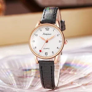 Elegant ladies quartz watch with rose gold case, heart second hand and black glitter strap
