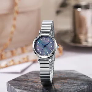 Detail of silver ladies' quartz watch with blue mother-of-pearl dial and diamond scale