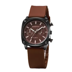 Vierkant heren quartzhorloge van zwart staal met een bruine siliconen band