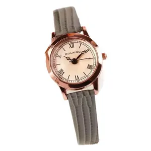 Montre élégante pour femme en or rose avec cadran champagne et bracelet en cuir gris