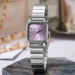 Elegant silver square watch for women with purple sunray dial and stainless steel strap
