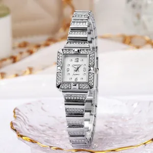 Silver square quartz watch for women featuring sparkling rhinestones on a metal band
