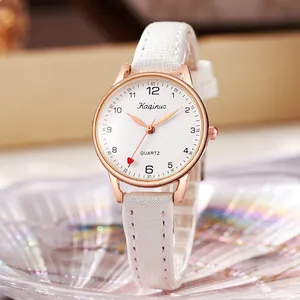 Elegant minimalist women's quartz watch with rose gold case and white leather strap