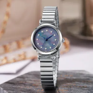 Elegant women's silver stainless steel quartz watch with purple gradient crystal dial