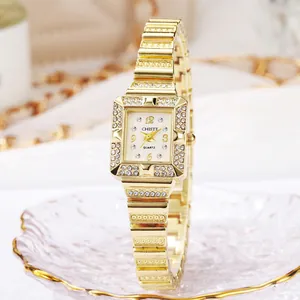 Luxury gold square watch for women with sparkling rhinestones and quartz movement dial