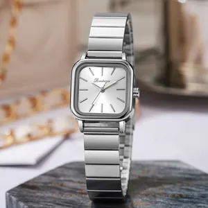 Elegant square silver stainless steel watch for women with sunray dial and metal link strap