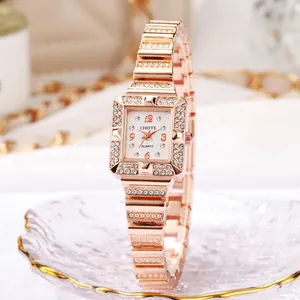 Elegant Women Rectangular Quartz Watch Luxury Rhinestone Inlaid Alloy Strap Fashion Minimalist Wristwatch For Ladies Gift