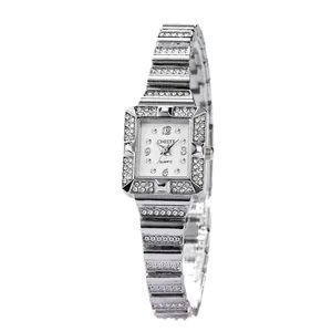 Elegant silver square watch for women with rhinestone inlay and quartz movement