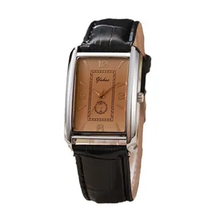 Reloj de cuarzo rectangular para mujer con esfera de champán y correa de piel negra