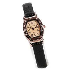 Elegant tonneau kwartshorloge voor dames met zwarte leren band en roségouden horlogekast