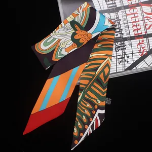 Bohemian Leaf Striped Satin Twilly Scarf For Women Vintage Floral Print Bag Handle Ribbon Hair Tie Neck Scarf Fashion Accessory