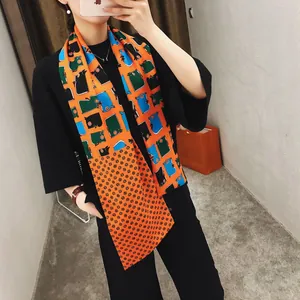 Dames Mode Dubbellaags Satijnen Sjaal Bedrukt Dier Ruit Twill Lange Stropdas Hoofdband Haar Accessoire Veelzijdige Wrap