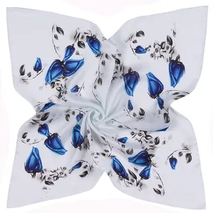 53cm square silk scarf with royal blue rose floral prints on white background