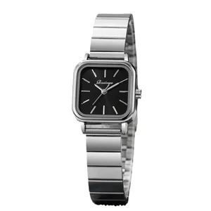 Minimalist square silver stainless steel watch with a black dial and metal linked strap