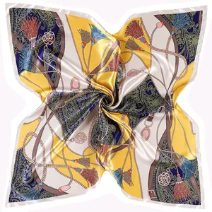 Women Satin Square Scarf Elegant Paisley Horse Bit Belt Chain Print Large Silky Headwrap Neck Kerchief Fashion Accessories