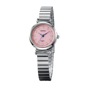 Elegant women's quartz watch with pink dial and silver expansion band in a minimalist style