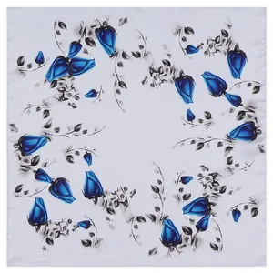 Minimalist square silk scarf with blue rose buds on white satin background, 53x53cm