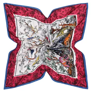 Silk satin square scarf 130cm featuring forest animals, birds and red floral border