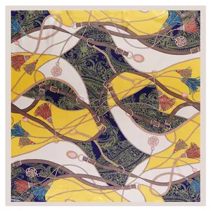 Luxurious 90cm silk scarf featuring equestrian belts, chains, and tassels on yellow background