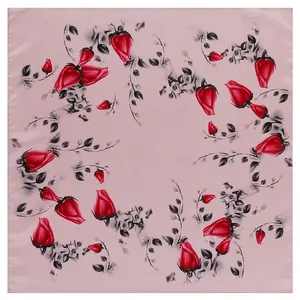 53cm square satin scarf featuring vintage red rose floral print on a light pink background