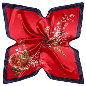 Vintage Floral Print Satin Square Scarf For Women Retro Rose Pattern Soft Silky Hair Neck Wrap Large Luxury Fashion Accessory