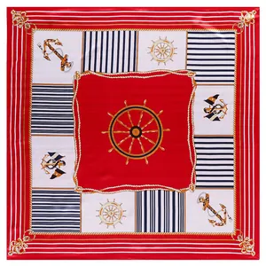 Foulard en soie 90x90cm avec ancres nautiques, gouvernails et motifs à rayures rouges