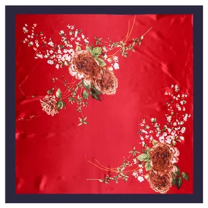Classic 90x90cm red floral satin square scarf with elegant peony print and navy border