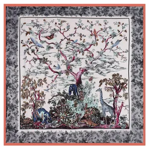 Tropical forest silk scarf with wild animal illustrations and bright orange border