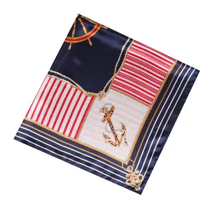 Carré de soie nautique bleu marine avec ancres dorées et rayures rouges pour femmes
