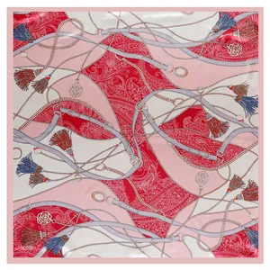 Red and grey 90x90cm silk scarf featuring elegant equestrian belt and tassel patterns