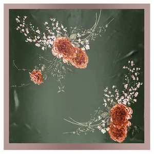 Satin silk scarf featuring a dark green background with blooming red roses and white flowers