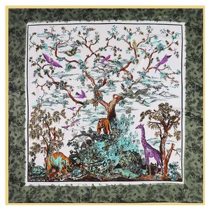 Forest animal silk square scarf featuring the Tree of Life with birds and giraffes